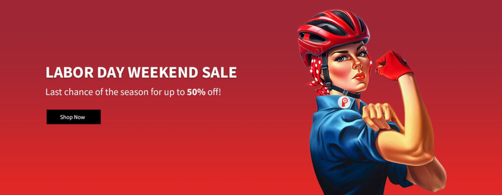 Labor Day Sale with Rosie the Riveter wearing a bike helmet and bike gloves