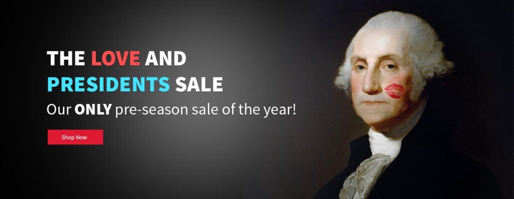 Love and Presidents sale with George Washington who has a red lipstick kiss mark on his cheek